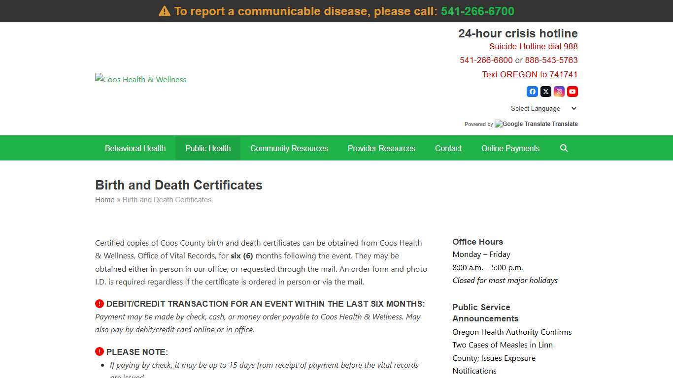 Birth and Death Certificates - Coos Health & Wellness
