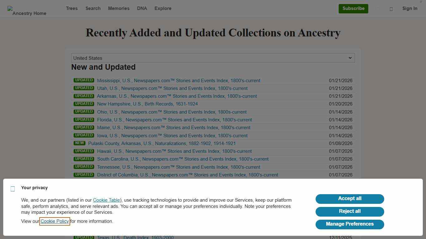 Recently Added and Updated Collections on Ancestry